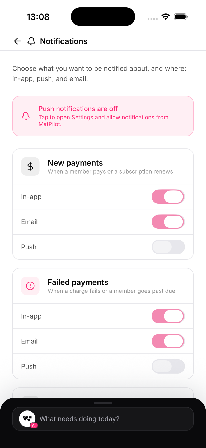 Owner notification settings screen with the per-category push and email toggles