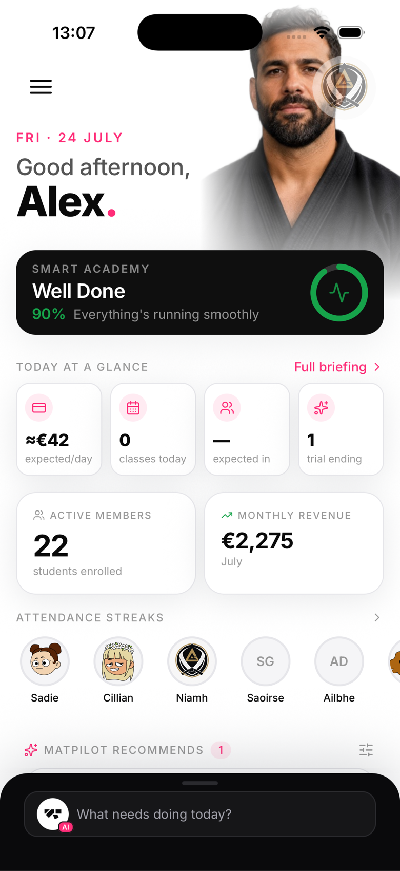 Home screen briefing card with the Failed payments item and delinquencies list