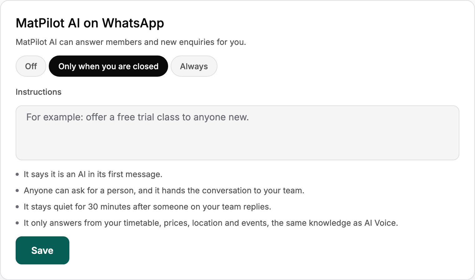MatPilot AI on WhatsApp: when it answers, your instructions, and the rules it follows.