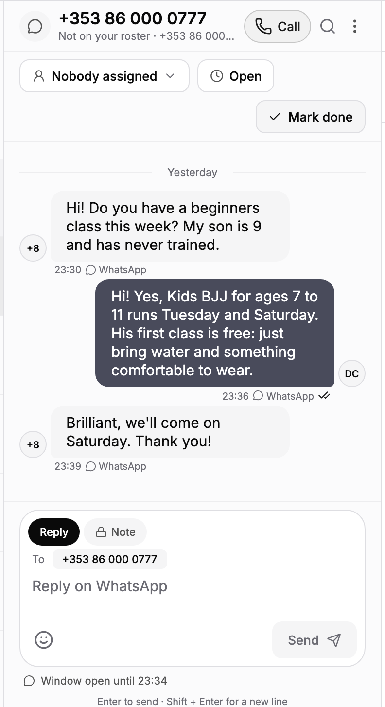 A WhatsApp conversation in the Inbox: their messages, your reply with its delivery ticks, and how long the 24-hour window stays open.