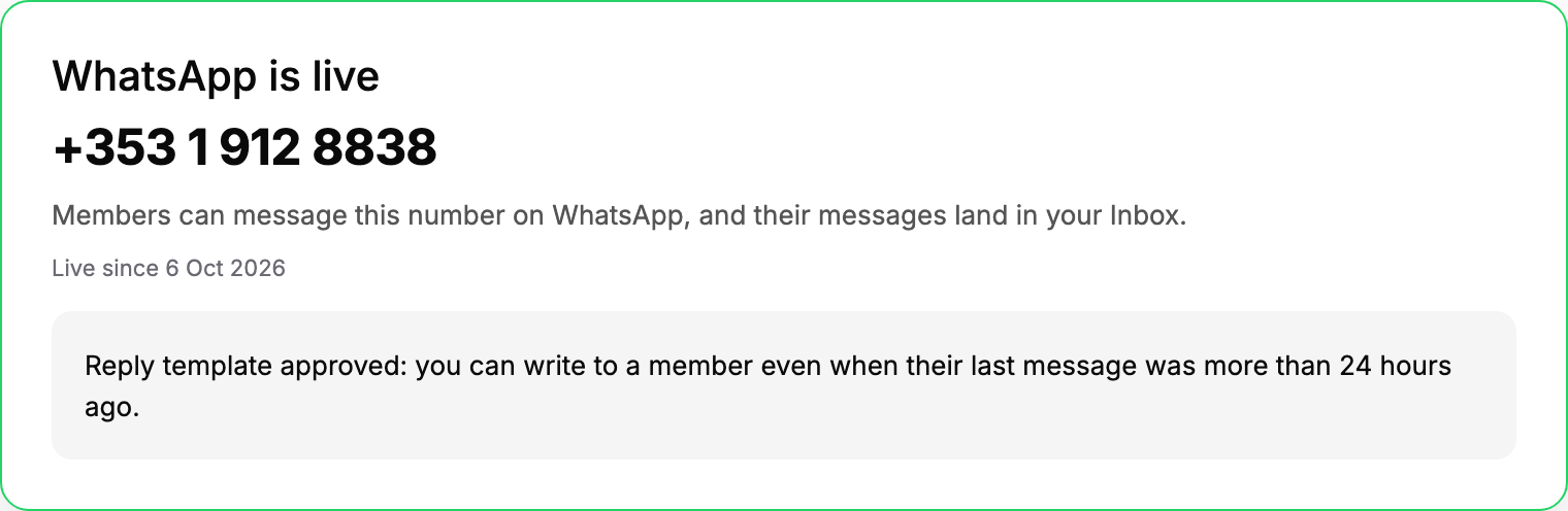 WhatsApp is live, with the reply template approved.