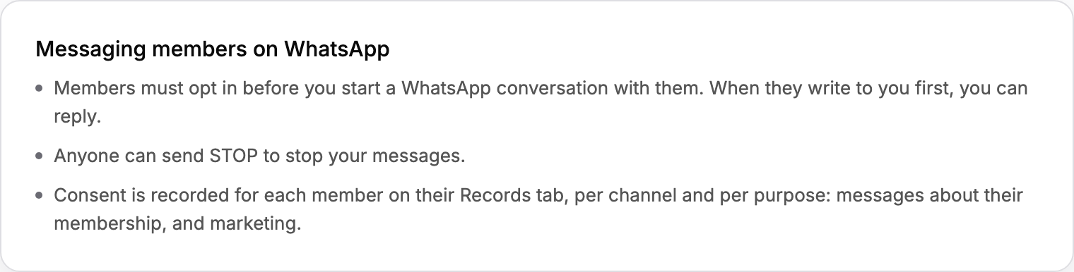 The rules for messaging members on WhatsApp, shown in Settings, Phone, WhatsApp.