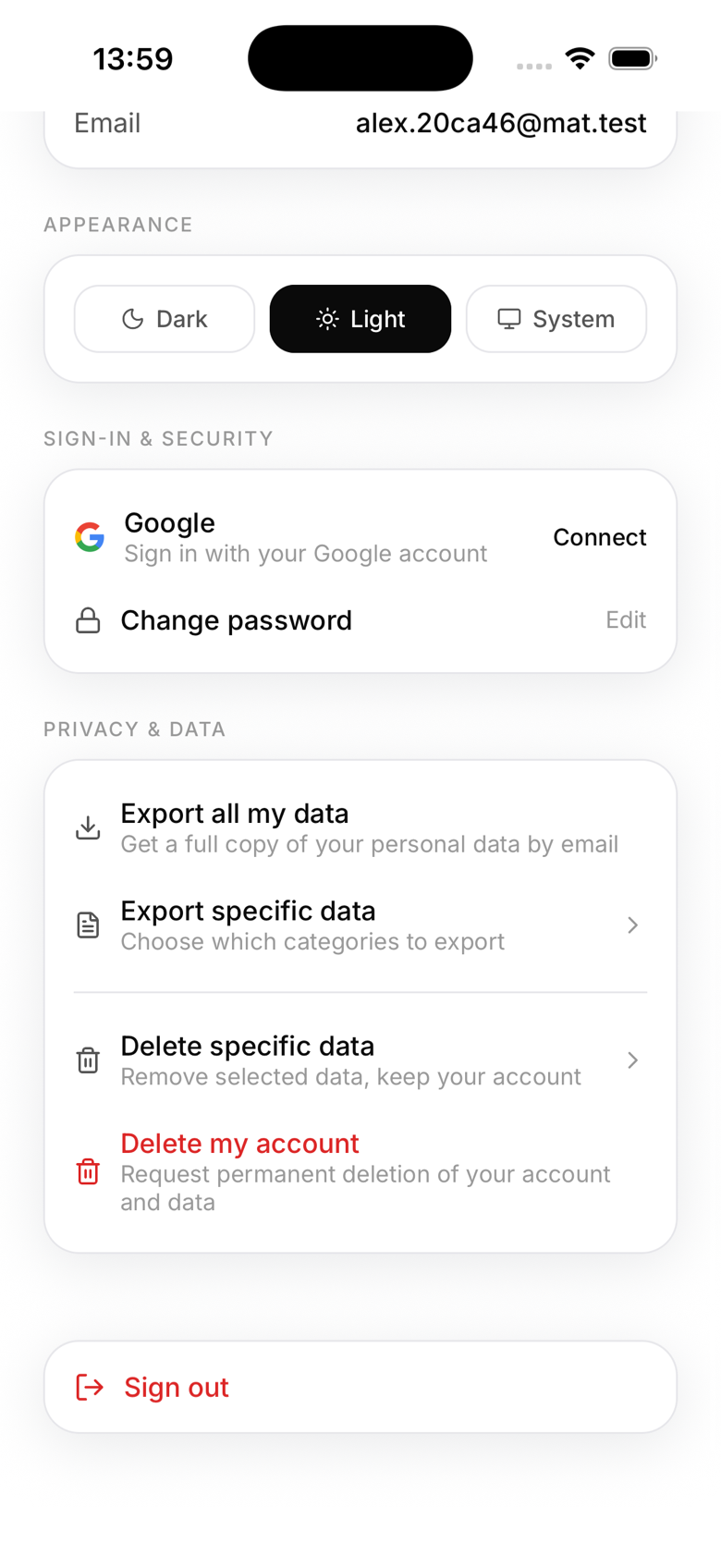 Privacy and data screen with Export my data and Export specific data options