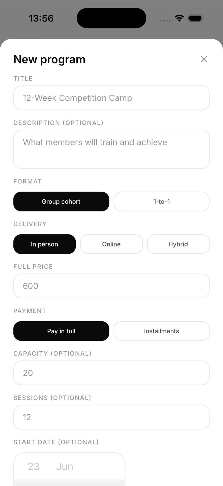 Setting up an event with price and capacity