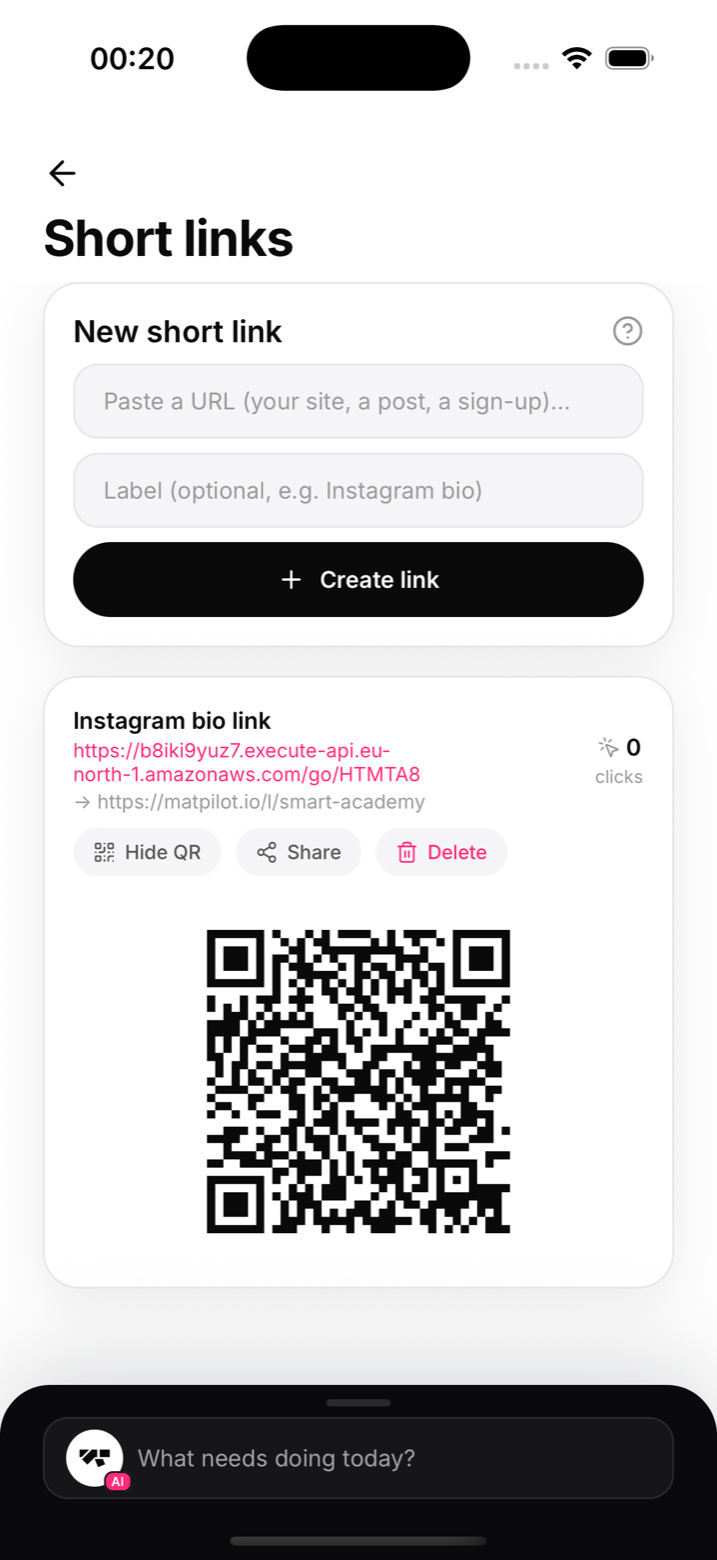 Un enlace corto con su código QR, listo para una biografía de Instagram o un cartel