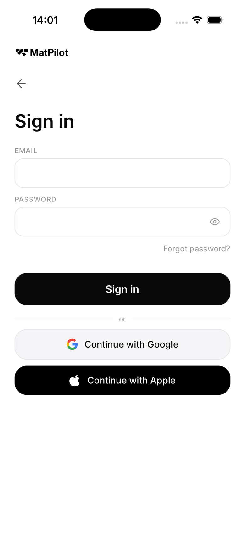 La pantalla de inicio de sesión con los campos de correo y contraseña más Google, Apple y "Unirme con un código"