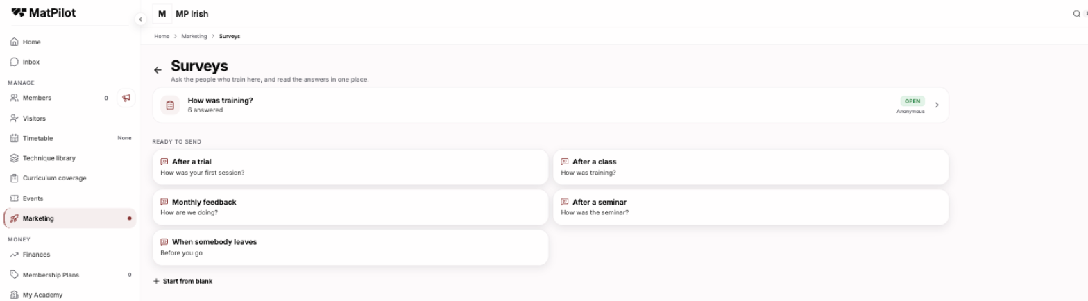 Marketing then Surveys: the academy's own surveys at the top, and the five ready-made ones underneath.