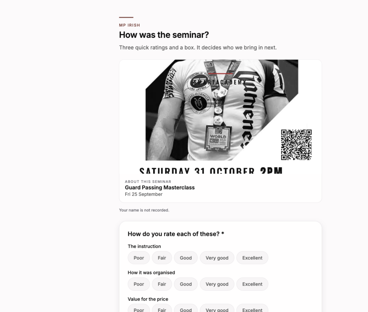 What a member sees: the academy's name, the survey, and the seminar it is about with its poster held above the questions.
