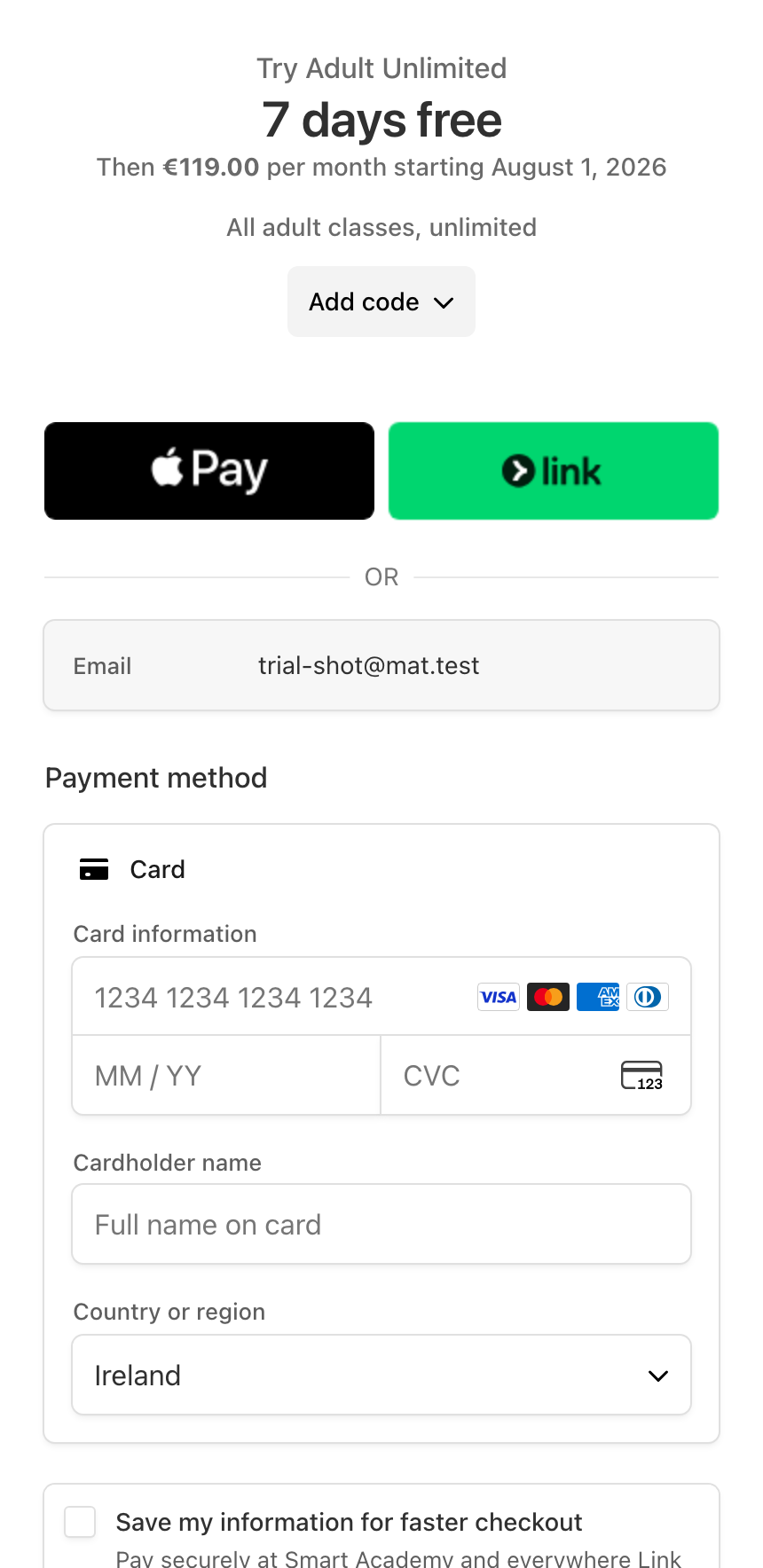A trial checkout for a new client