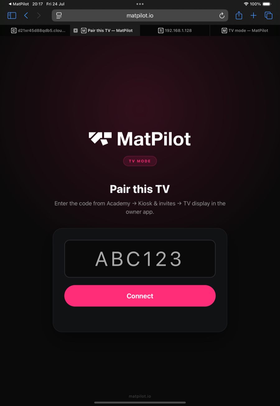 Emparejar esta TV: la página del navegador en matpilot.io/tv/pair