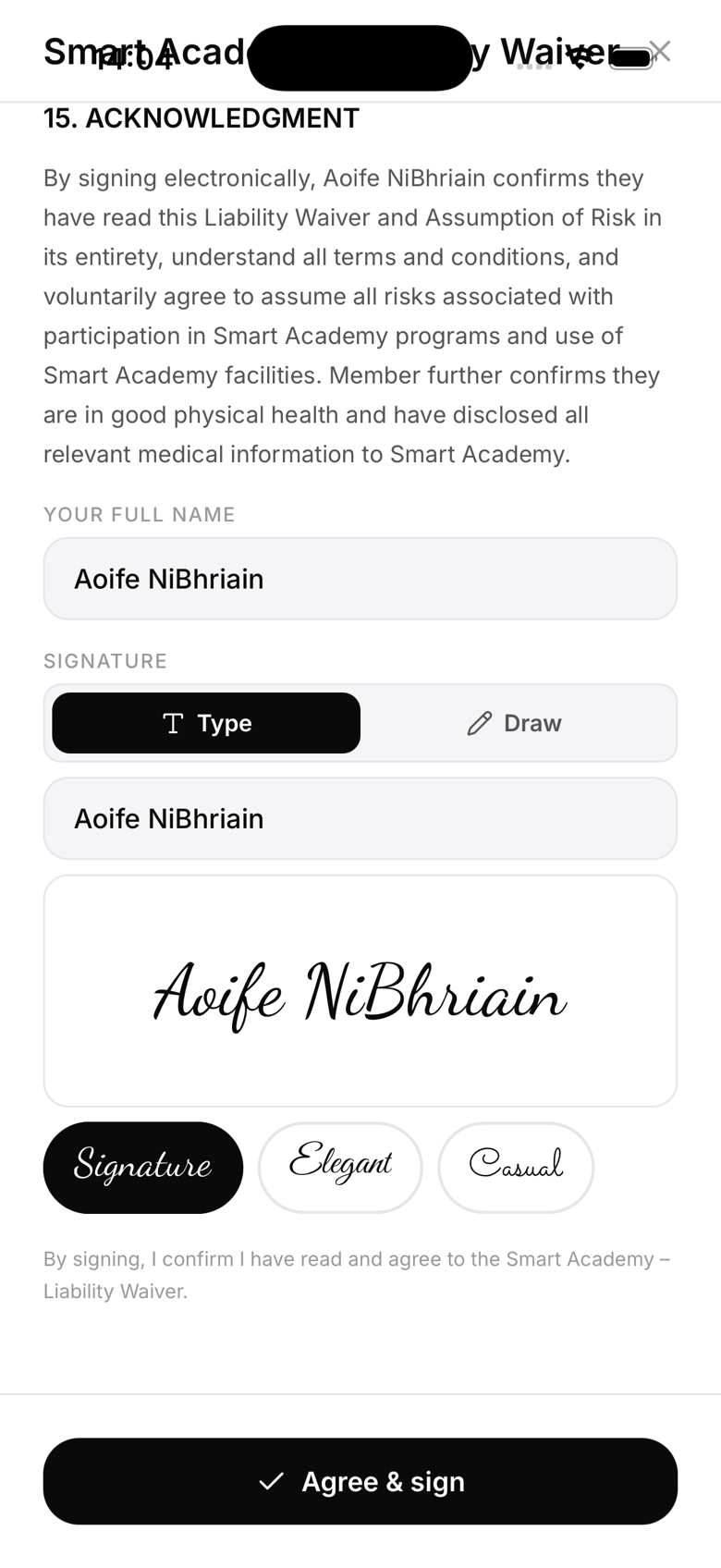 Digital waiver signing screen with signature pad