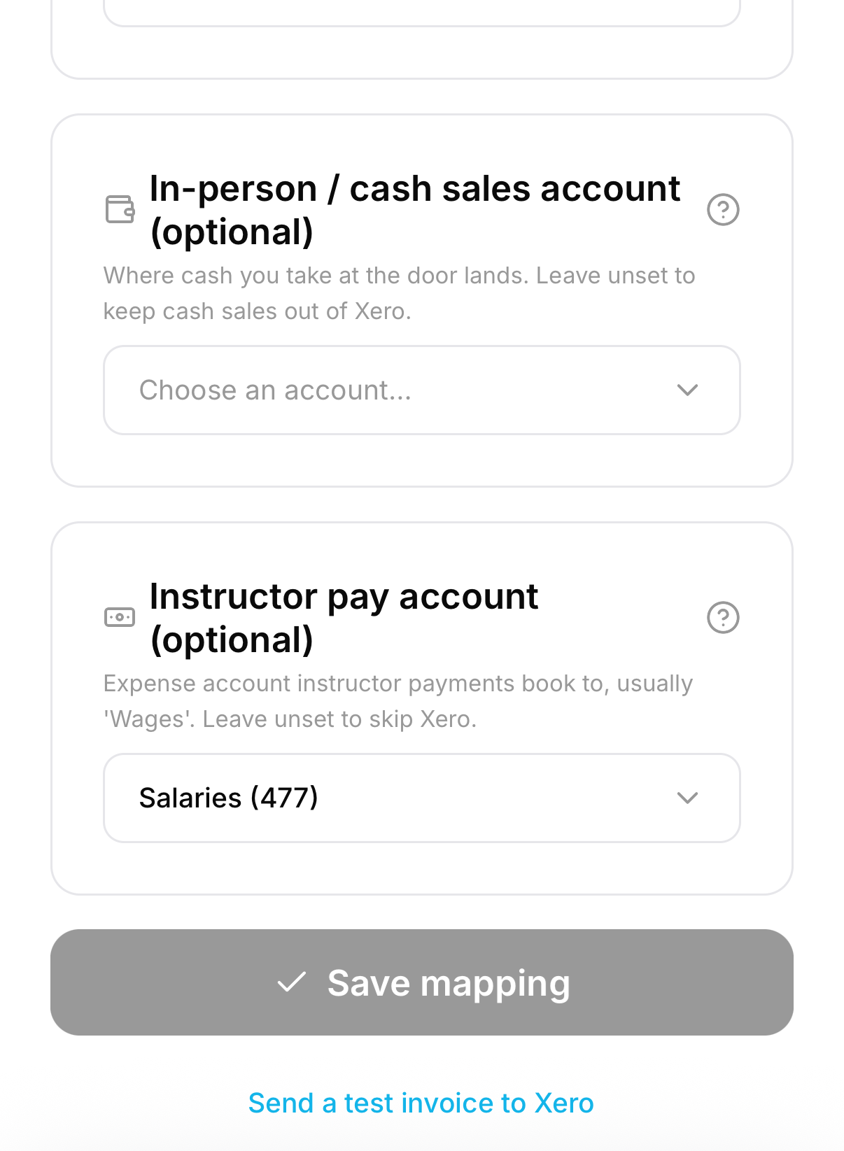 Los selectores de cuenta de pago a instructores y de ventas en efectivo en los ajustes de Xero de MatPilot