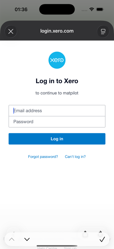 Signing in to Xero from MatPilot