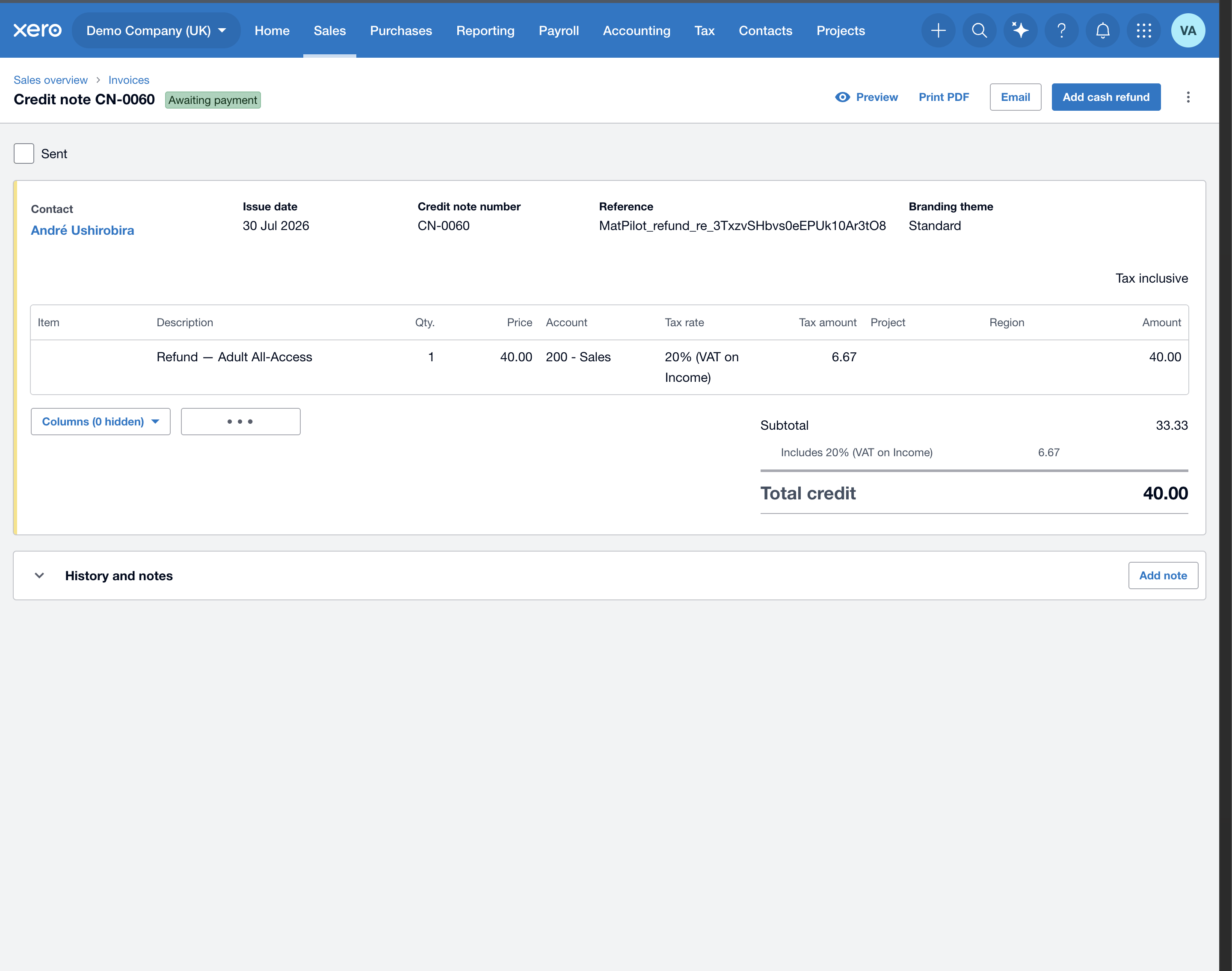 A refund mirrored into Xero as an approved credit note against the original invoice