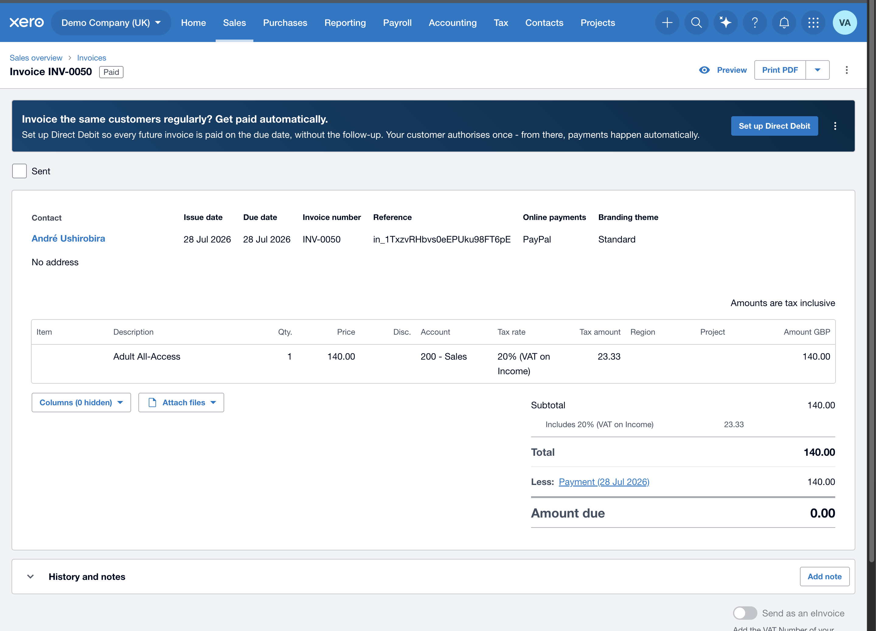 A single membership payment as an approved paid invoice in Xero