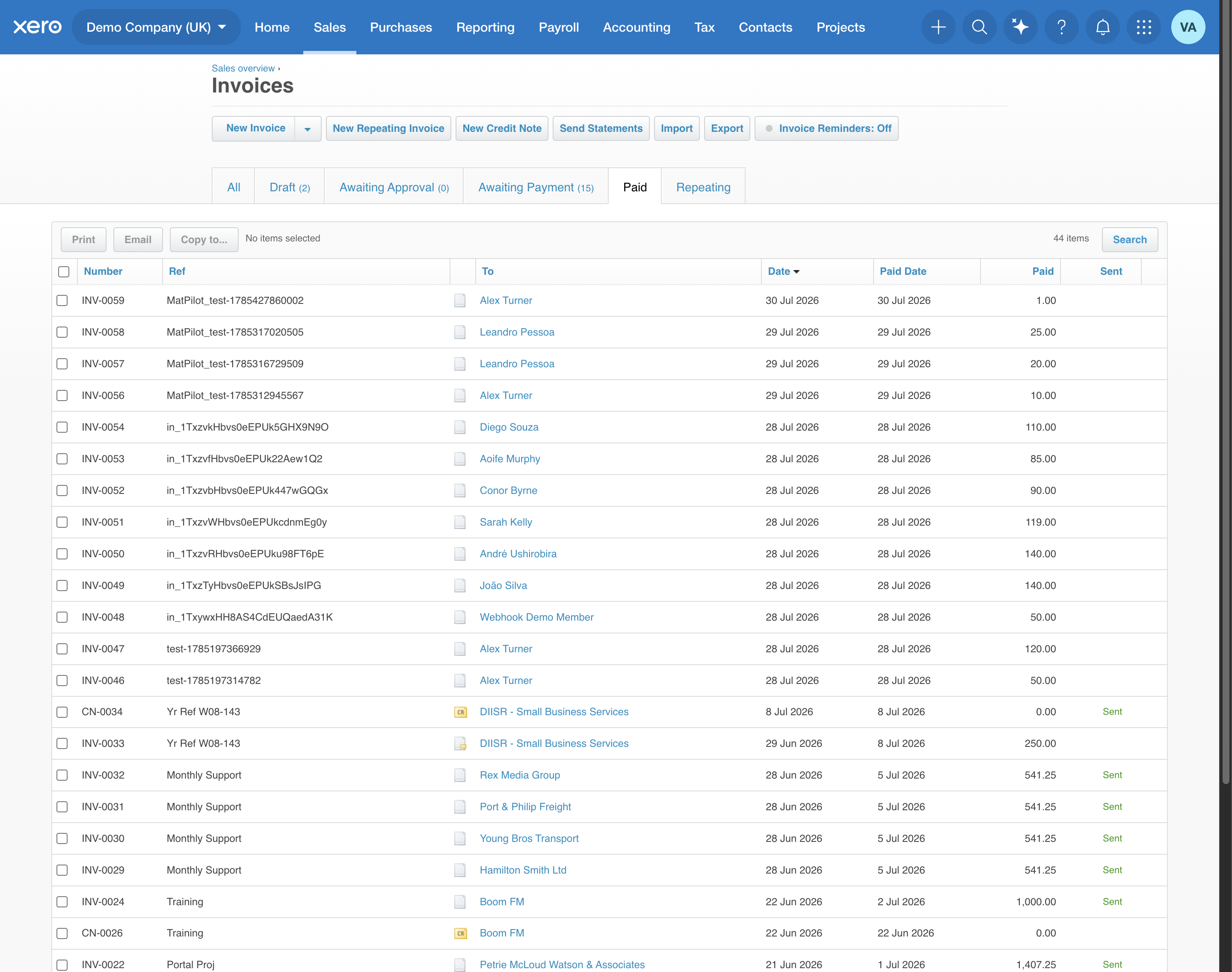 MatPilot-synced invoices in the gyms Xero, each with a MatPilot_ reference